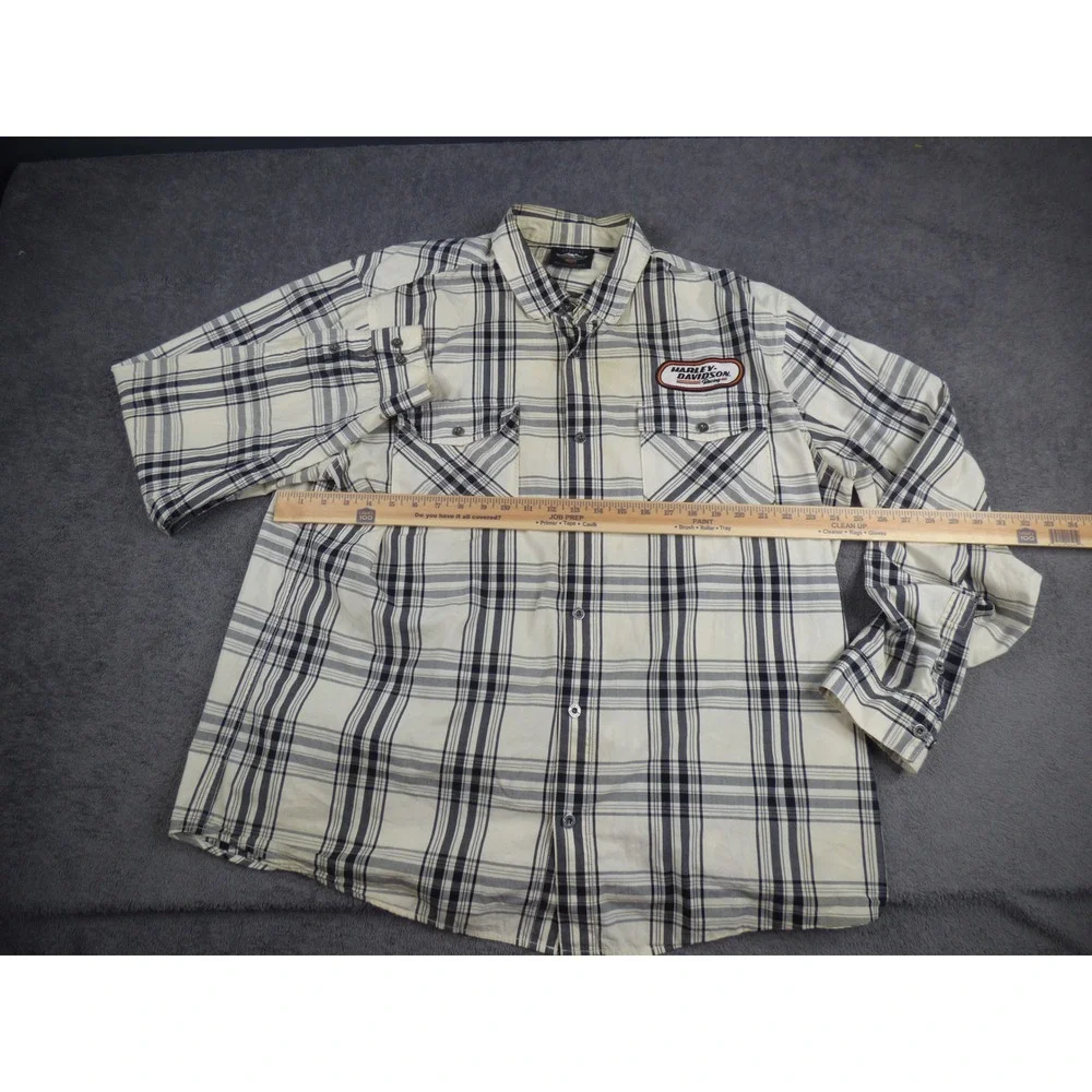 Harley-Davidson Racing Mens Plaid Button Down Shirt Cream Black Long Sleeve 2XL